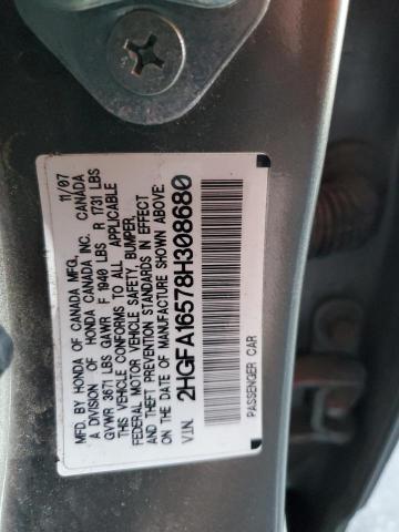 2HGFA16578H308680 - 2008 HONDA CIVIC LX GRAY photo 12