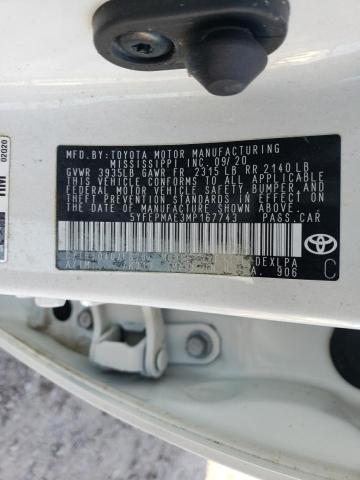 5YFEPMAE3MP167743 - 2021 TOYOTA COROLLA LE WHITE photo 12