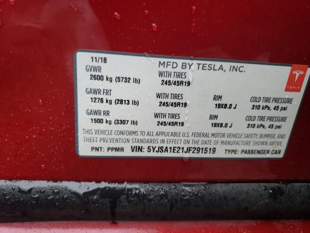 5YJSA1E21JF291519 - 2018 TESLA MODEL S წითელი ფოტო 12