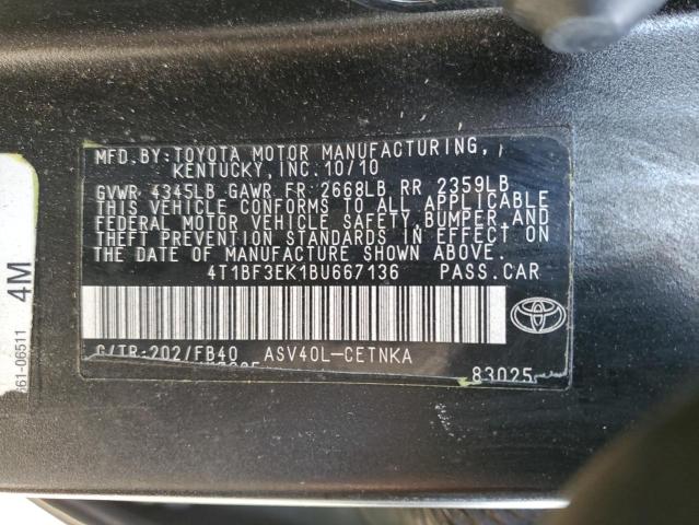 4T1BF3EK1BU667136 - 2011 TOYOTA CAMRY BASE BLACK photo 12