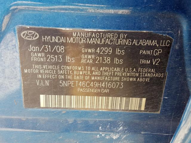 5NPET46C49H416073 - 2009 HYUNDAI SONATA GLS  photo 10