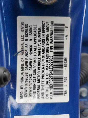 19XFC2F64LE022703 - 2020 HONDA CIVIC LX BLUE photo 12