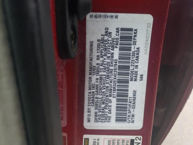 2T1BR32EX4C267943 - 2004 TOYOTA COROLLA CE RED photo 12