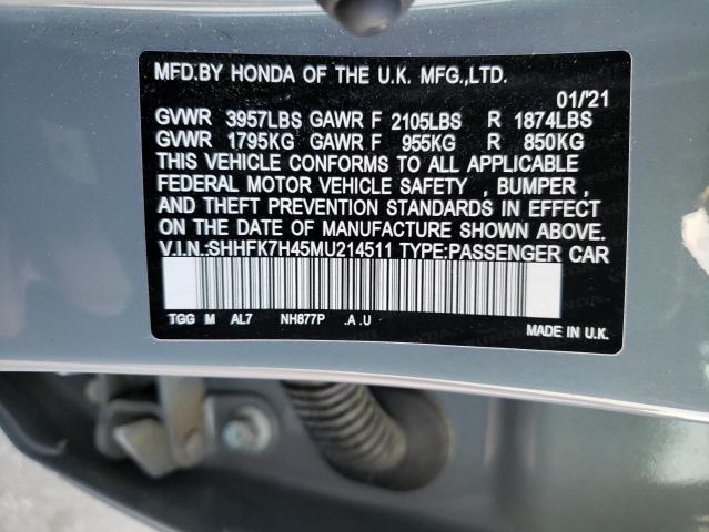 SHHFK7H45MU214511 - 2021 HONDA CIVIC SPORT 银色 照片 12