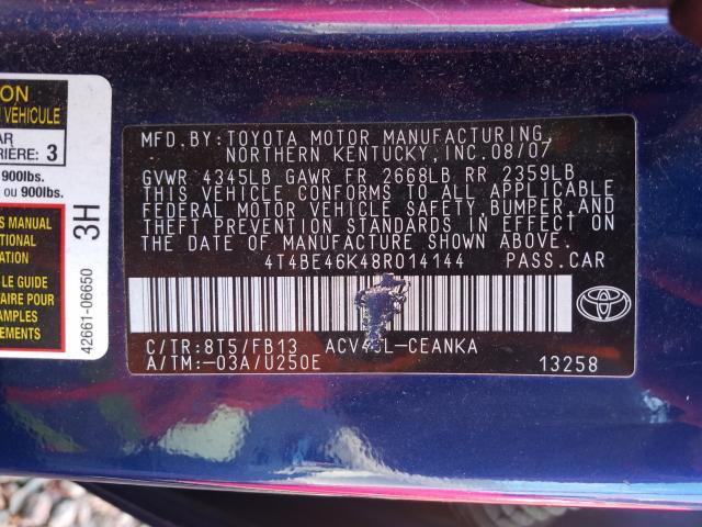4T4BE46K48R014144 - 2008 TOYOTA CAMRY CE  photo 10