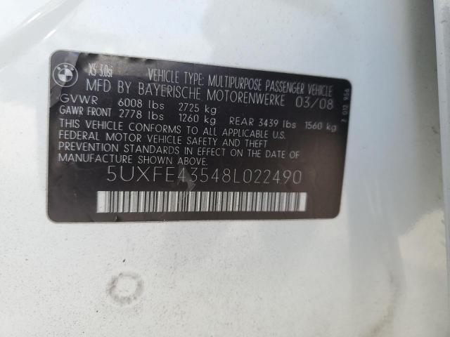 5UXFE43548L022490 - 2008 BMW X5 3.0I WHITE photo 12