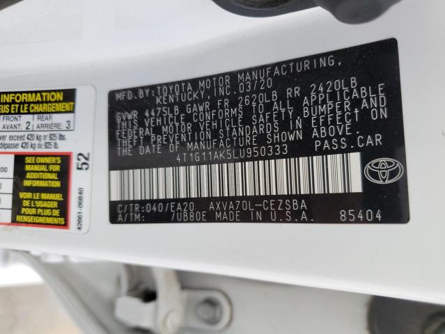 4T1G11AK5LU950333 - 2020 TOYOTA CAMRY SE WHITE photo 12