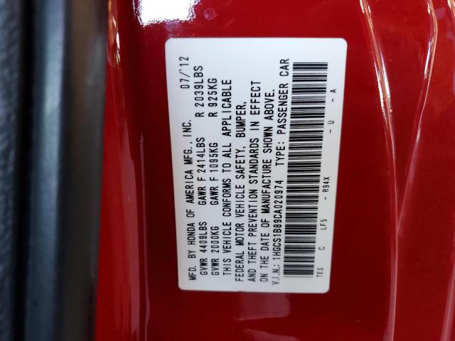 1HGCS1B89CA020974 - 2012 HONDA ACCORD EXL RED photo 12