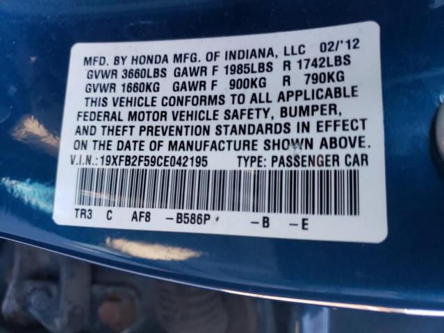 19XFB2F59CE042195 - 2012 HONDA CIVIC LX BLUE photo 12