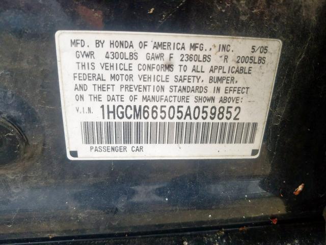 1HGCM66505A059852 - 2005 HONDA ACCORD EX  photo 10