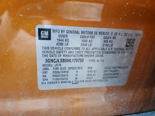 3GNCJLSB8HL179730 - 2017 CHEVROLET TRAX 1LT ORANGE photo 12