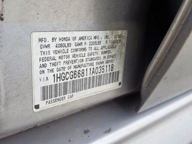 1HGCG66811A035118 - 2001 HONDA ACCORD EX  photo 10