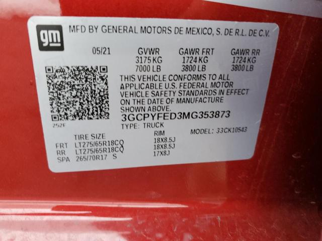 3GCPYFED3MG353873 - 2021 CHEVROLET SILVERADO K1500 LT TRAIL BOSS RED photo 12