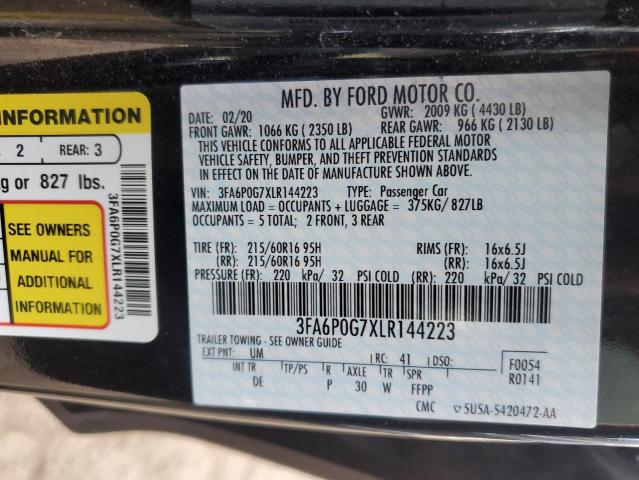 3FA6P0G7XLR144223 - 2020 FORD FUSION S BLACK photo 12