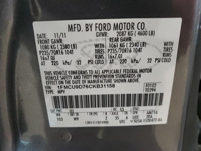 1FMCU9D76CKB31158 - 2012 FORD ESCAPE XLT GRAY photo 12