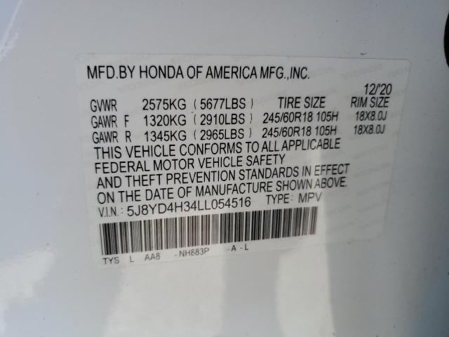 5J8YD4H34LL054516 - 2020 ACURA MDX WHITE photo 12