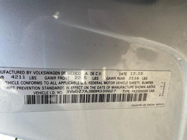 3VWDZ7AJ8BM339027 - 2011 VOLKSWAGEN JETTA SE SILVER photo 10