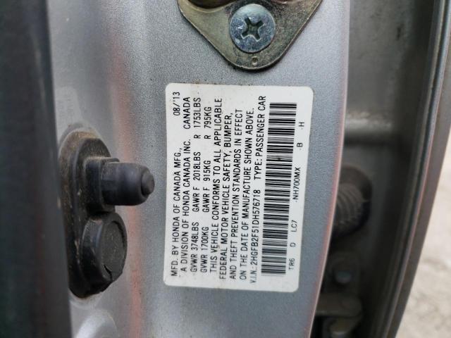 2HGFB2F51DH576718 - 2013 HONDA CIVIC LX SILVER photo 12