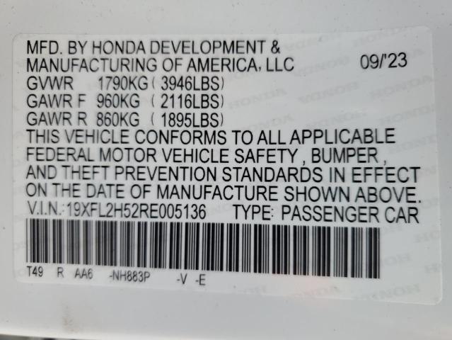 19XFL2H52RE005136 - 2024 HONDA CIVIC LX WHITE photo 12