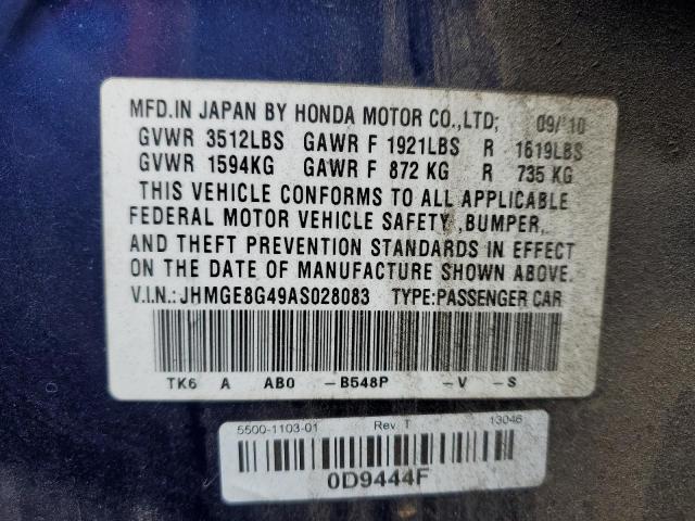 JHMGE8G49AS028083 - 2010 HONDA FIT SPORT BLUE photo 12