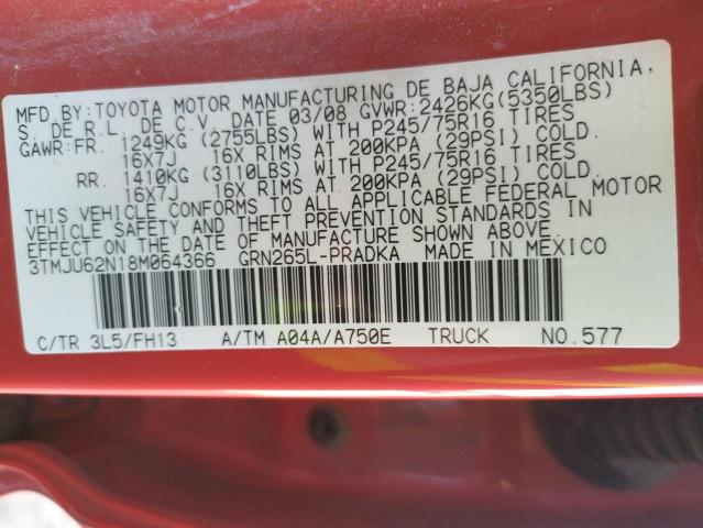 3TMJU62N18M064366 - 2008 TOYOTA TACOMA DOUBLE CAB PRERUNNER RED photo 12