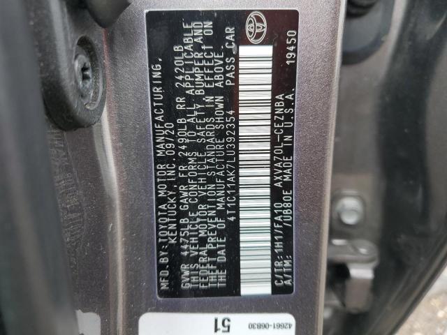 4T1C11AK7LU392354 - 2020 TOYOTA CAMRY LE GRAY photo 12