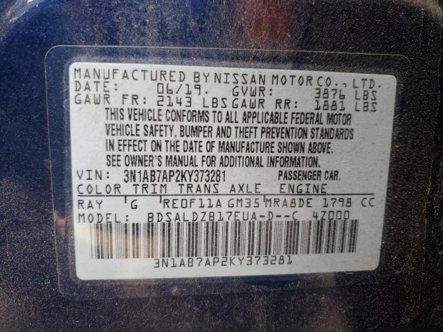 3N1AB7AP2KY373281 - 2019 NISSAN SENTRA S BLUE photo 12