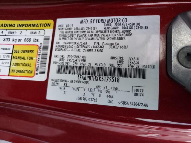 1FA6P8THXK5175518 - 2019 FORD MUSTANG RED photo 12