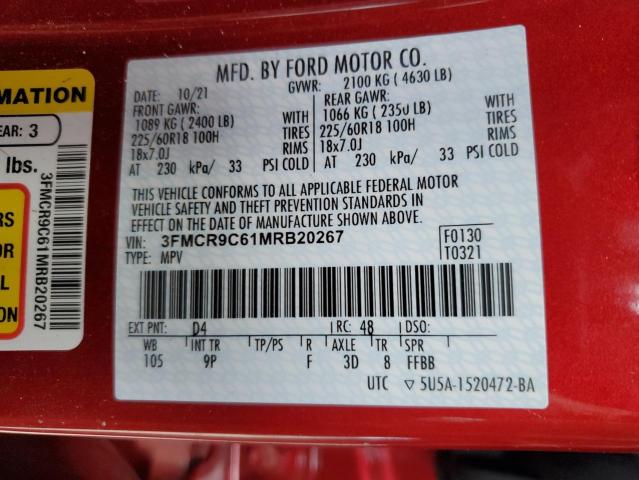 3FMCR9C61MRB20267 - 2021 FORD BRONCO SPO OUTER BANKS RED photo 12