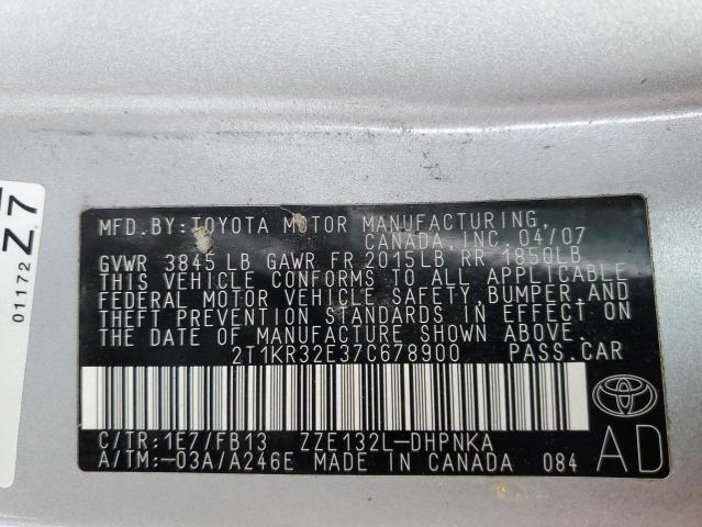 2T1KR32E37C678900 - 2007 TOYOTA COROLLA MA XR SILVER photo 12