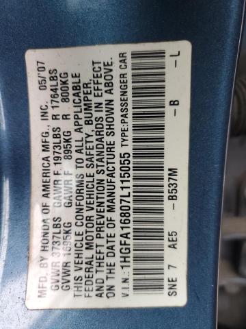 1HGFA16807L115055 - 2007 HONDA CIVIC EX BLUE photo 12