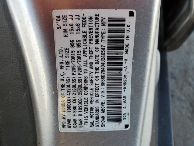 SHSRD78404U240547 - 2004 HONDA CR-V LX SILVER photo 12