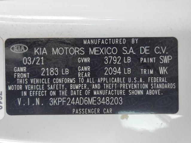 3KPF24AD6ME348203 - 2021 KIA FORTE FE WHITE photo 13