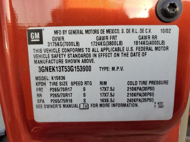 3GNEK13T53G153900 - 2003 CHEVROLET AVALANCHE ORANGE photo 12