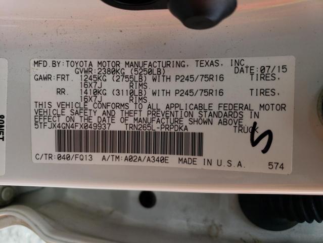 5TFJX4GN4FX049937 - 2015 TOYOTA TACOMA DOUBLE CAB PRERUNNER WHITE photo 12