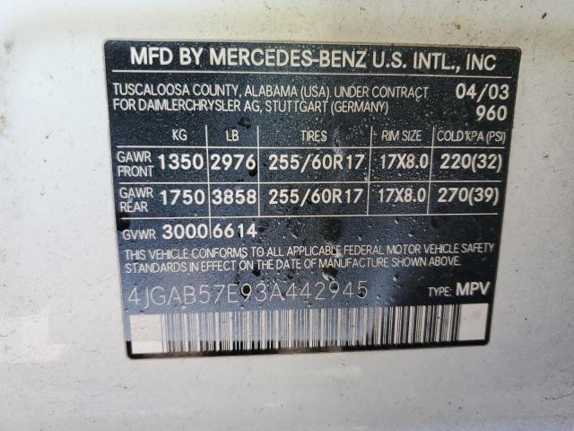 4JGAB57E93A442945 - 2003 MERCEDES-BENZ ML 350 WHITE photo 13