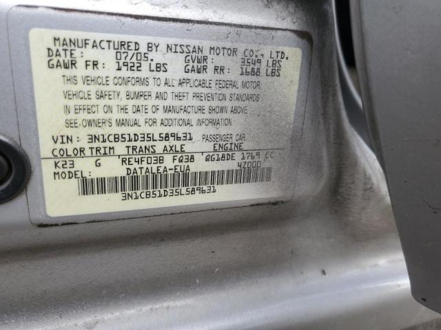 3N1CB51D35L589631 - 2005 NISSAN SENTRA 1.8 SILVER photo 12