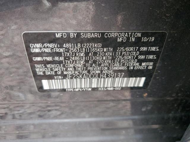 JF2SKADC0LH439137 - 2020 SUBARU FORESTER GRAY photo 12