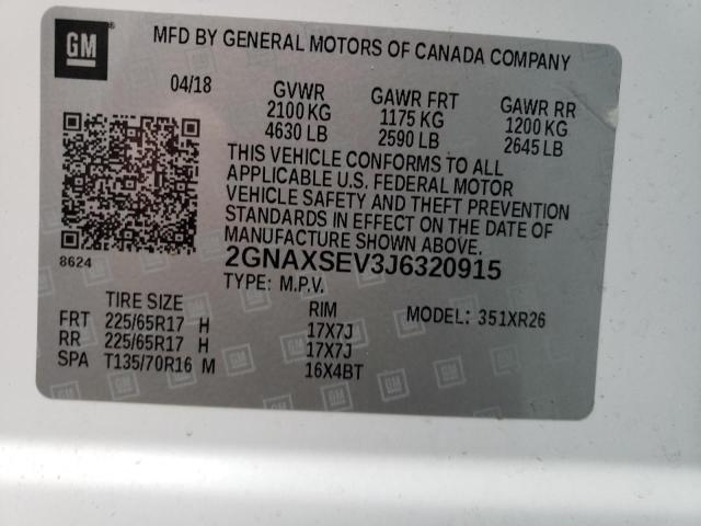 2GNAXSEV3J6320915 - 2018 CHEVROLET EQUINOX LT WHITE photo 12