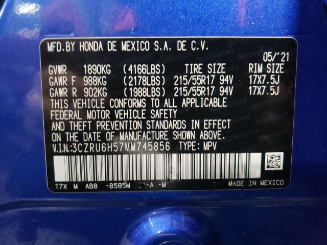 3CZRU6H57MM745856 - 2021 HONDA HR-V EX BLUE photo 13