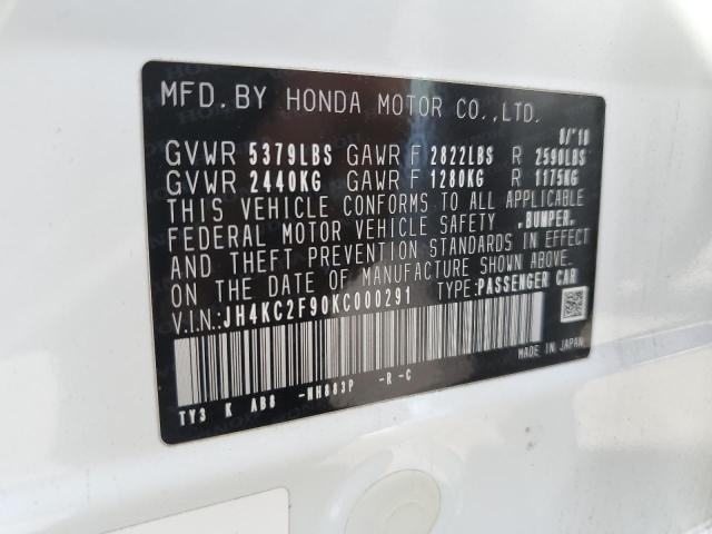 JH4KC2F90KC000291 - 2019 ACURA RLX SPORT HYBRID ADVANCE WHITE photo 12