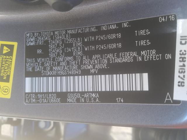 5TDKKRFH9GS148949 - 2016 TOYOTA HIGHLANDER XLE  ფოტო 10