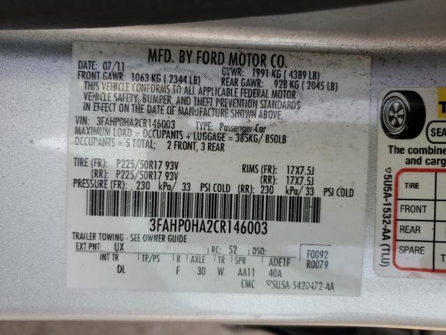 3FAHP0HA2CR146003 - 2012 FORD FUSION SE SILVER photo 12