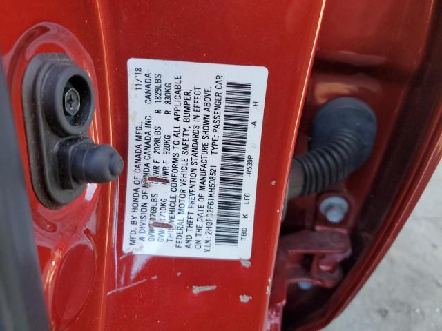 2HGFC2F61KH508521 - 2019 HONDA CIVIC LX RED photo 12