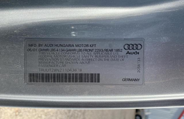 TRUUT28N211043678 - 2001 AUDI TT QUATTRO SILVER photo 10