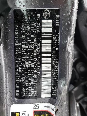 4T1B11HK1KU707536 - 2019 TOYOTA CAMRY L CHARCOAL photo 12