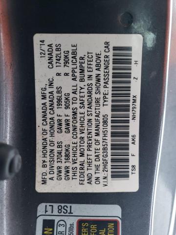 2HGFG3B57FH510805 - 2015 HONDA CIVIC LX GRAY photo 12