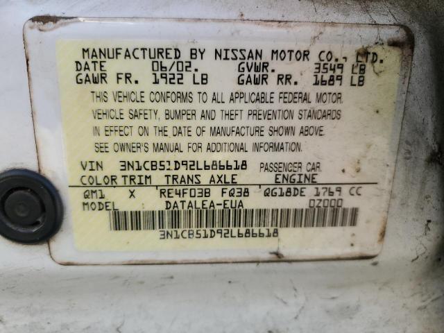 3N1CB51D92L686618 - 2002 NISSAN SENTRA XE WHITE photo 12