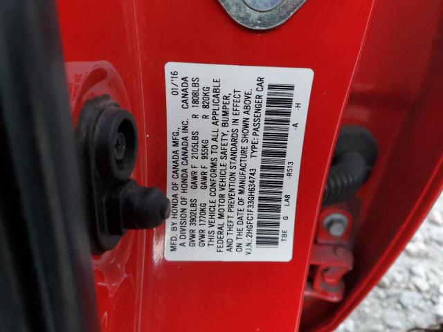 2HGFC1F33GH634743 - 2016 HONDA CIVIC EX RED photo 12