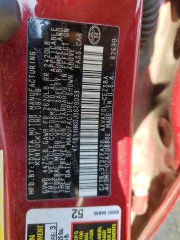 4T1B11HK0JU670039 - 2018 TOYOTA CAMRY L RED photo 12